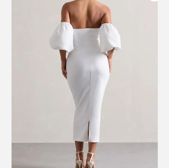 CLUB L LONDON White Bardot Puff-Sleeve Midi Dress. Size US 4 NWT - Picture 5 of 14